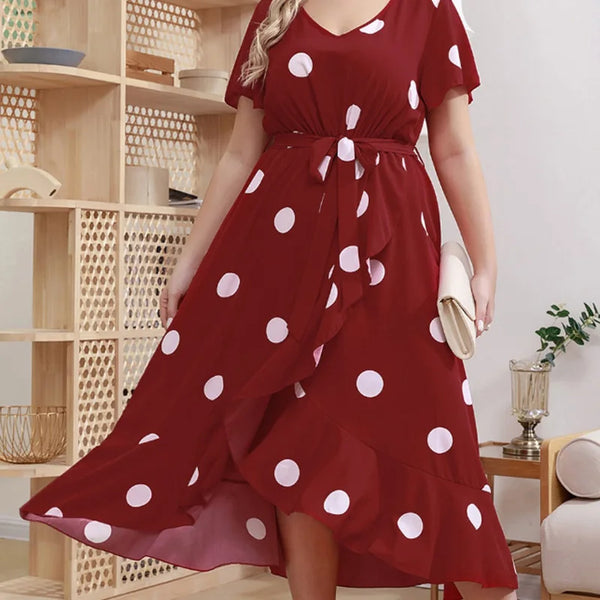 Polka dot simples plus size vestido moda cintura elástica impressão temperamento saia feminina decote em v gravata cintura até o chão saia 4xl