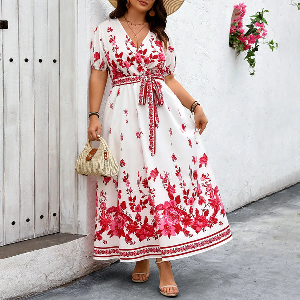 Plus size floral impressão vestido feminino manga curta v pescoço vestidos elegante cinto bohemia robe verão roupas de verão